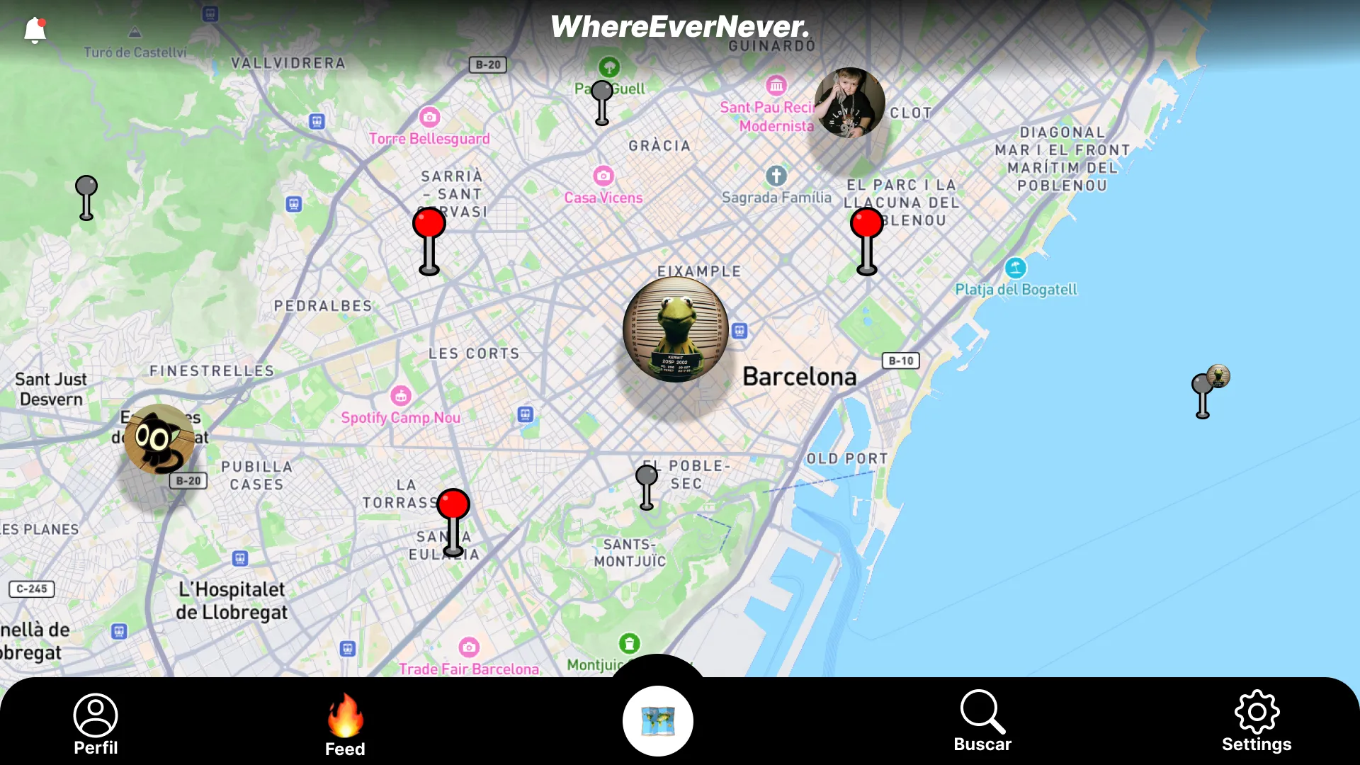 Social network feed showing posts pinned to a map